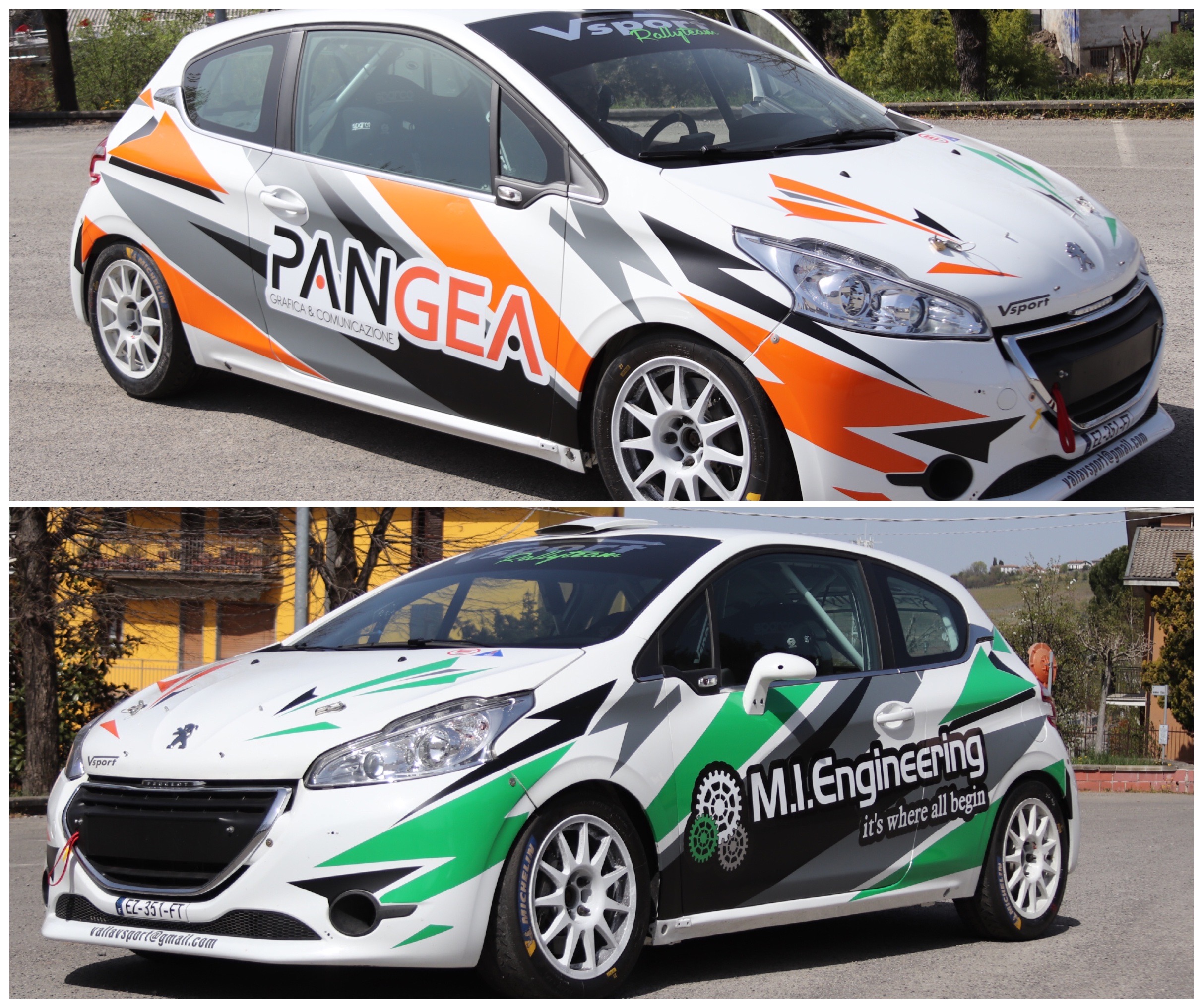 Vettura da rally con grafica e adesivi personalizzati Pangea